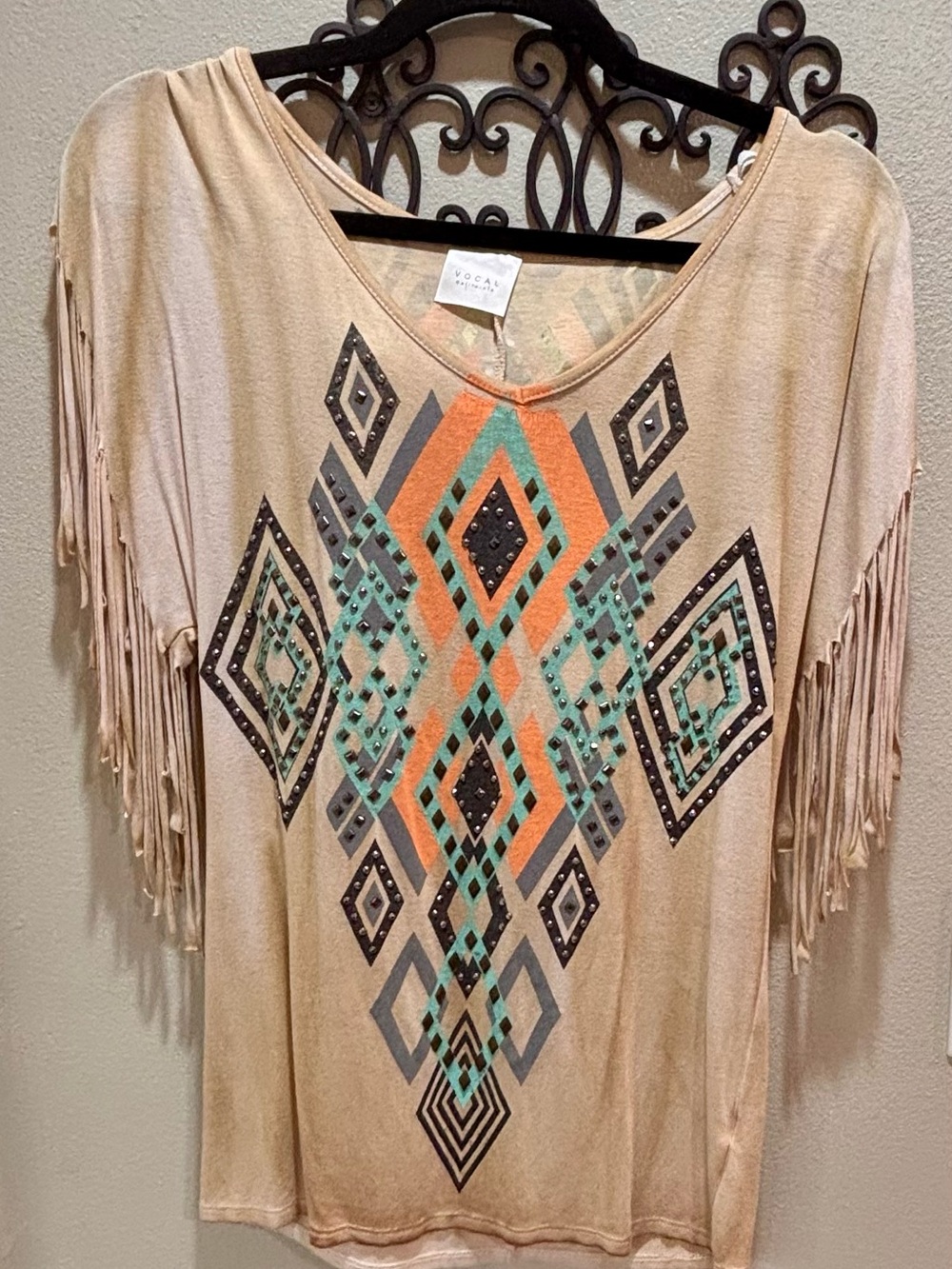 Vocal Beige Boho Fringe Blouse with Turquoise & Orange Aztec Print